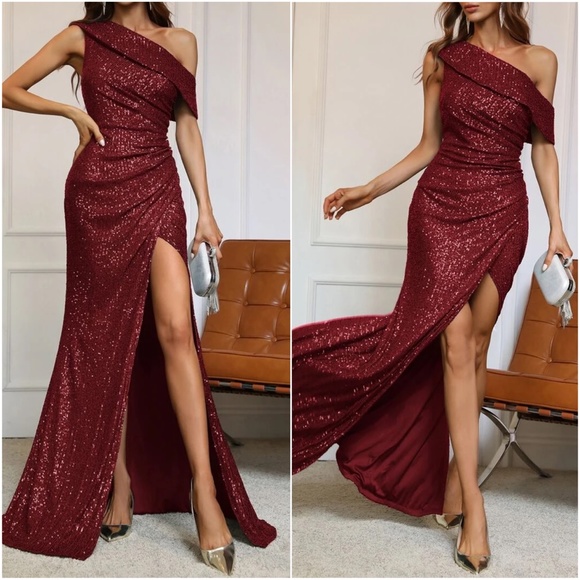 Luxe Burgundy Sequin Split Thigh One Shoulder Party Wedding Formal Dress - Picture 2 of 10